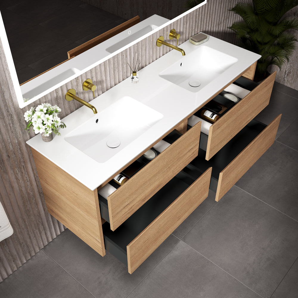 GSI Pura Bevel Four Drawer Vanity Unit With Ceramic Double Basin - Oak (Pacific Walnut) 1400mm
