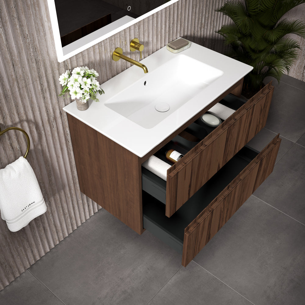 GSI Pura Ribbed Double Drawer Vanity Unit With Ceramic Basin - Walnut 800mm