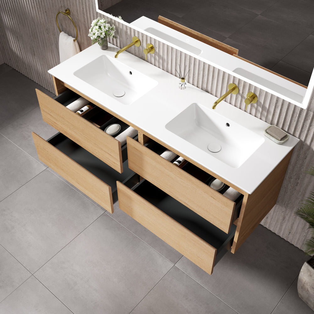 GSI Pura Bevel Four Drawer Vanity Unit With Ceramic Double Basin - Oak (Pacific Walnut) 1400mm
