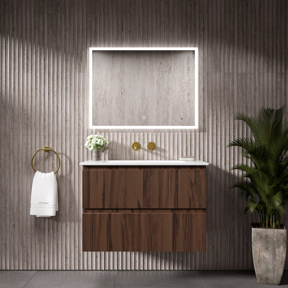 GSI Pura Ribbed Double Drawer Vanity Unit With Ceramic Basin - Walnut 800mm