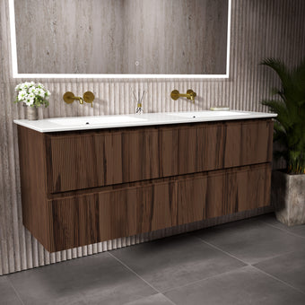 GSI Pura Ribbed Four Drawer Vanity Unit With Ceramic Double Basin - Walnut 1400mm