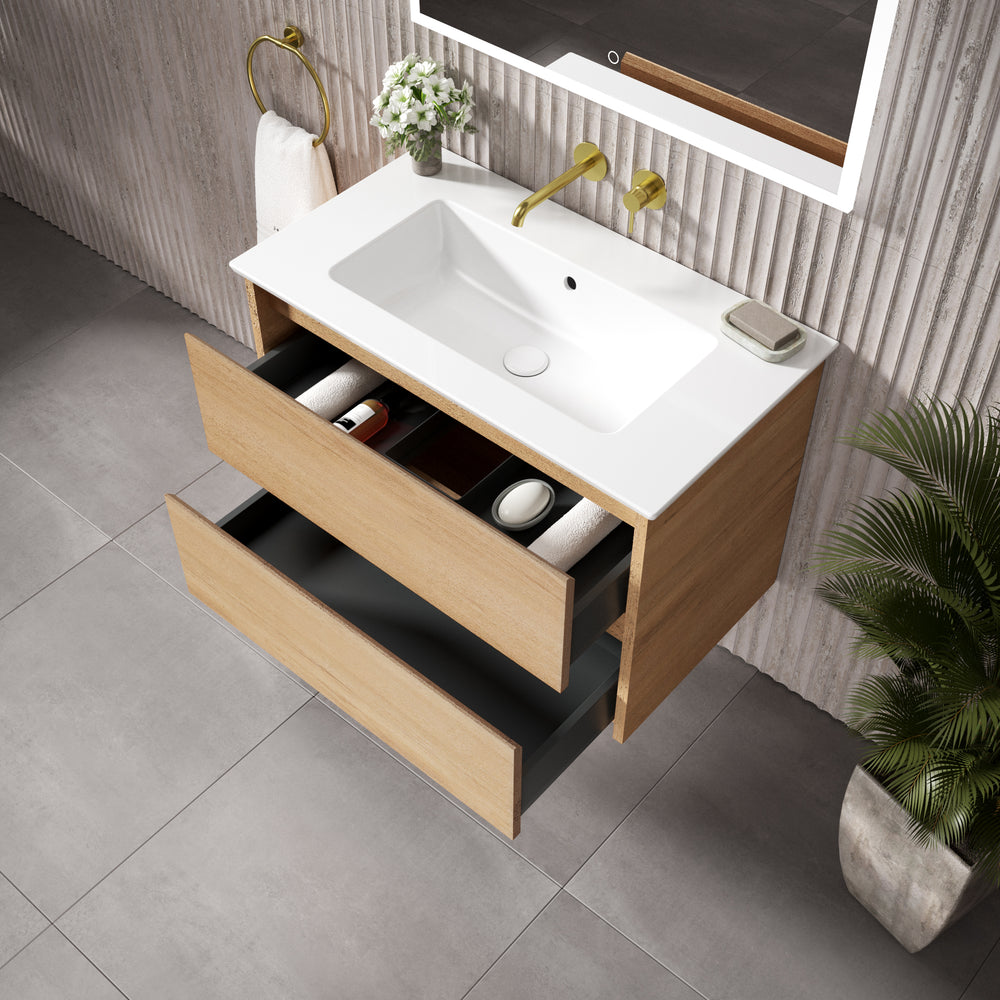 GSI Pura Bevel Double Drawer Vanity Unit With Ceramic Basin - Oak 800mm