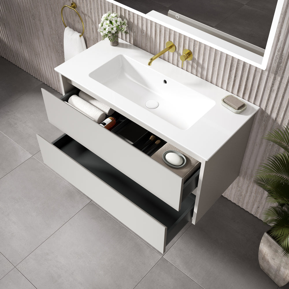 GSI Pura Bevel Double Drawer Vanity Unit With Ceramic Basin - Matt Grey 1000mm