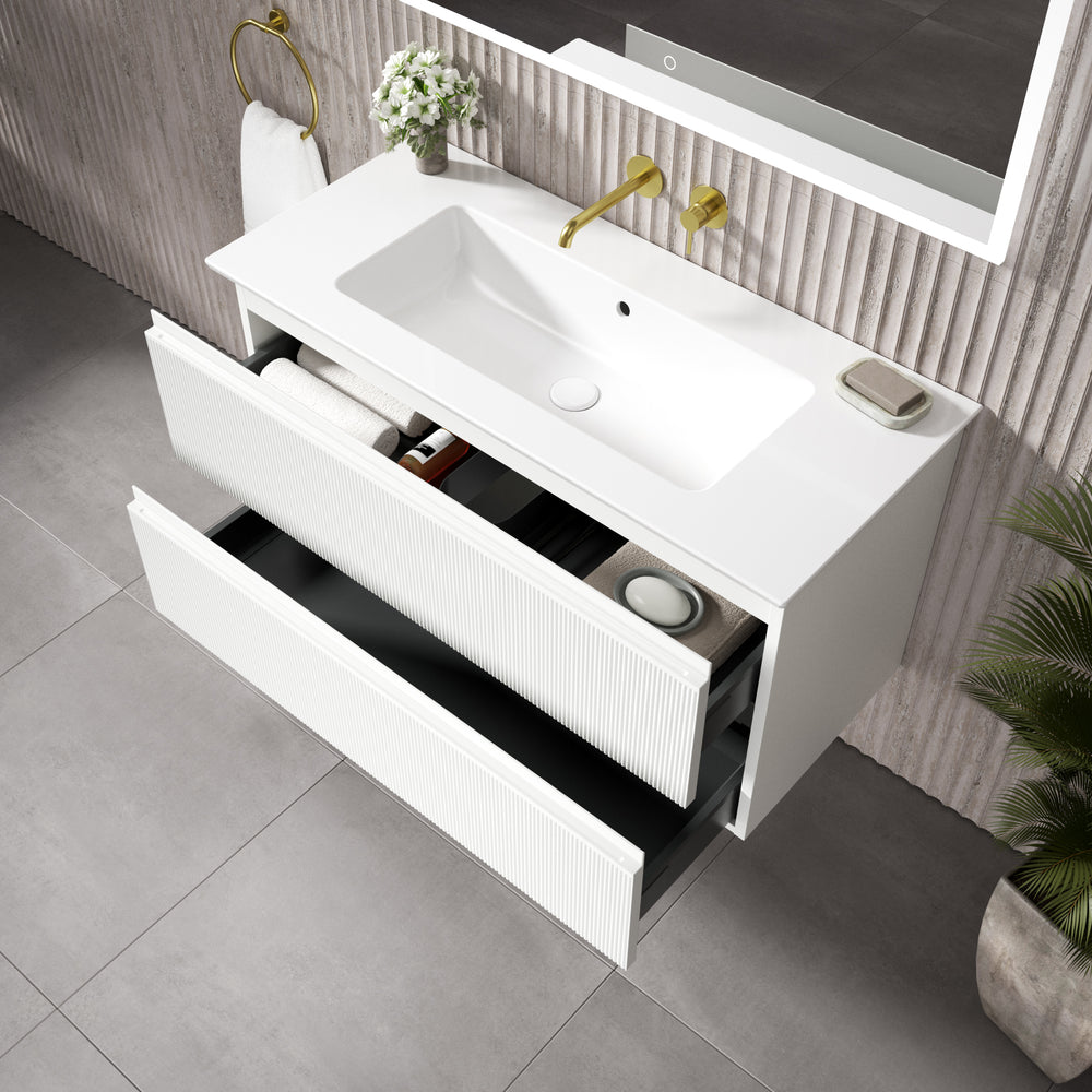 GSI Pura Ribbed Double Drawer Vanity Unit With Ceramic Basin - Matt White 1000mm
