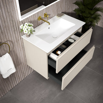 GSI Pura Ribbed Double Drawer Vanity Unit With Ceramic Basin - Cashmere (Oatmeal) 800mm