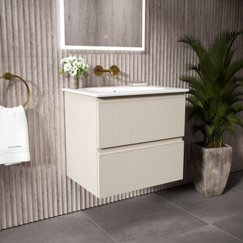 GSI Pura Ribbed Double Drawer Vanity Unit With Ceramic Basin - Cashmere (Oatmeal) 600mm