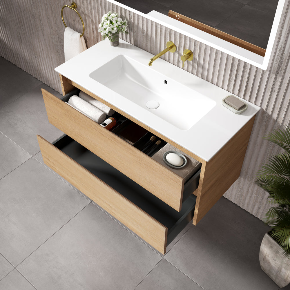GSI Pura Bevel Double Drawer Vanity Unit With Ceramic Basin - Oak 1000mm