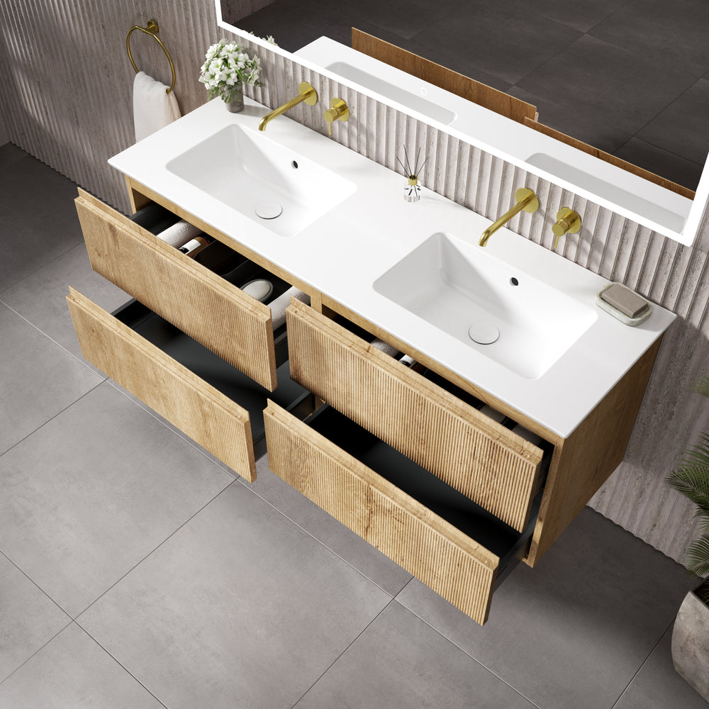 GSI Pura Ribbed Four Drawer Vanity Unit With Ceramic Double Basin - Oak 1400mm