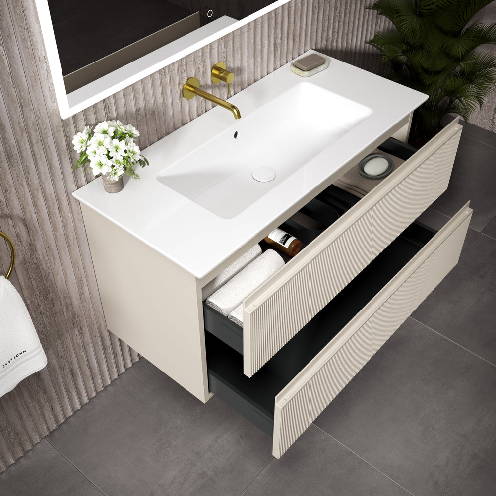 GSI Pura Ribbed Double Drawer Vanity Unit With Ceramic Basin - Cashmere 1000mm