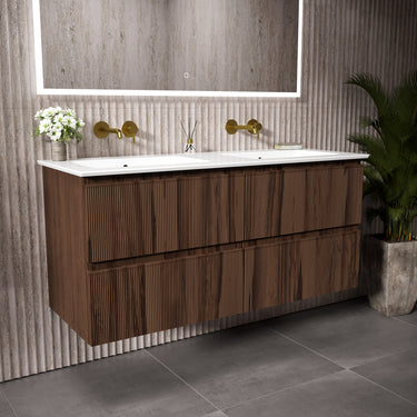 GSI Pura Ribbed Four Drawer Vanity Unit With Ceramic Double Basin - Walnut 1200mm