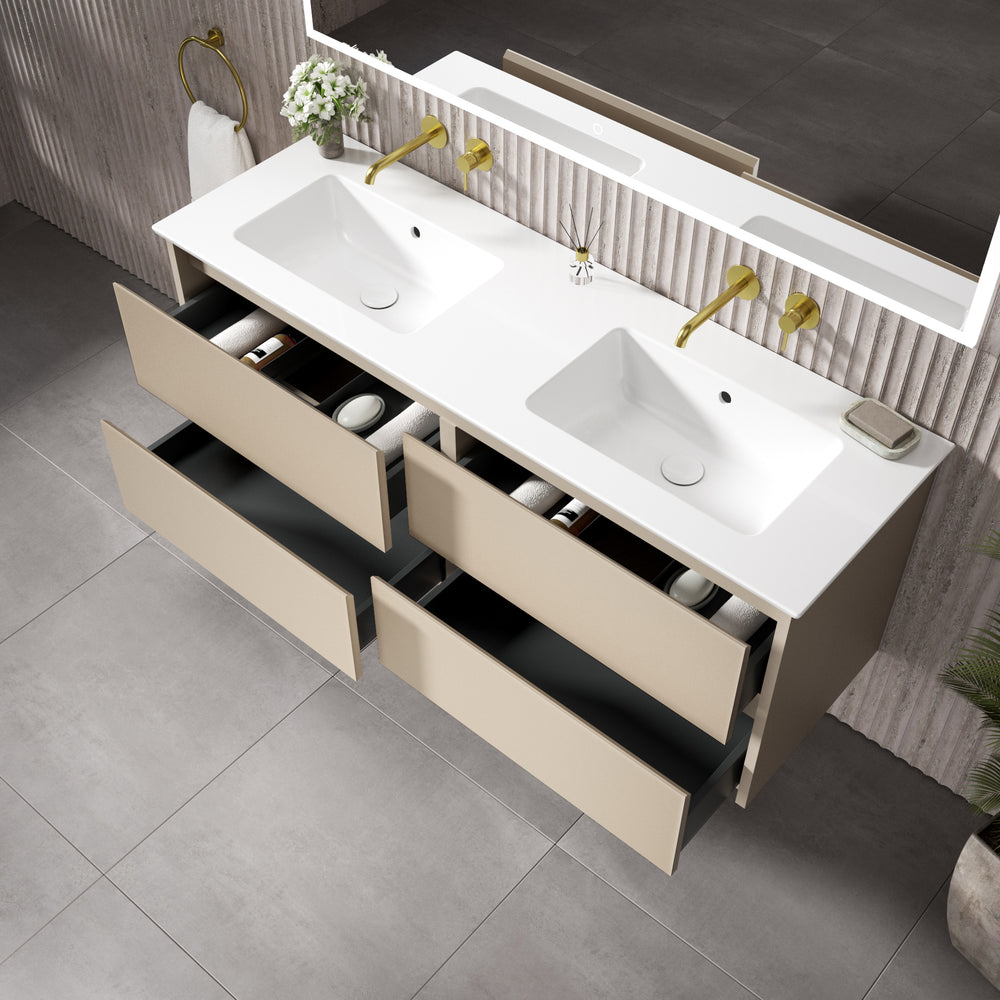 GSI Pura Bevel Four Drawer Vanity Unit With Ceramic Double Basin - Matt Pebble 1400mm