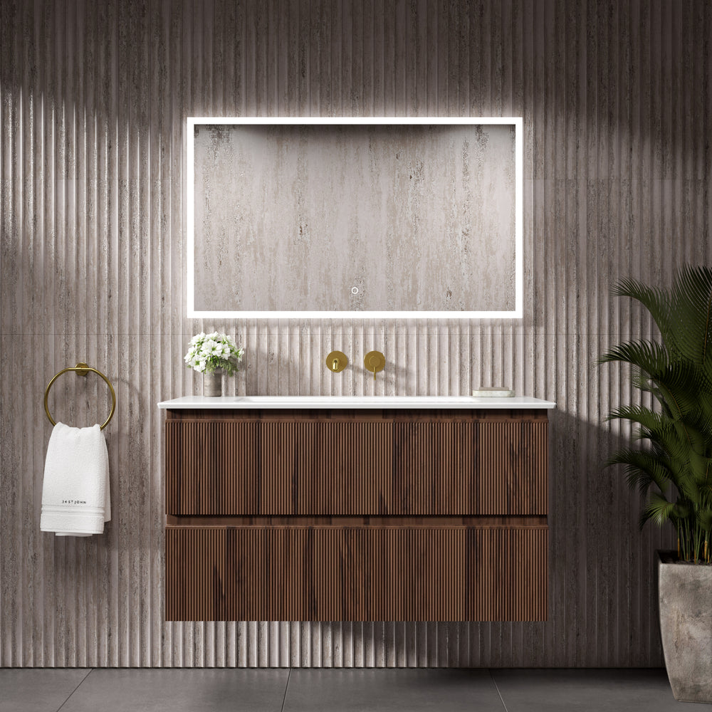 GSI Pura Ribbed Double Drawer Vanity Unit With Ceramic Basin - Walnut 1000mm
