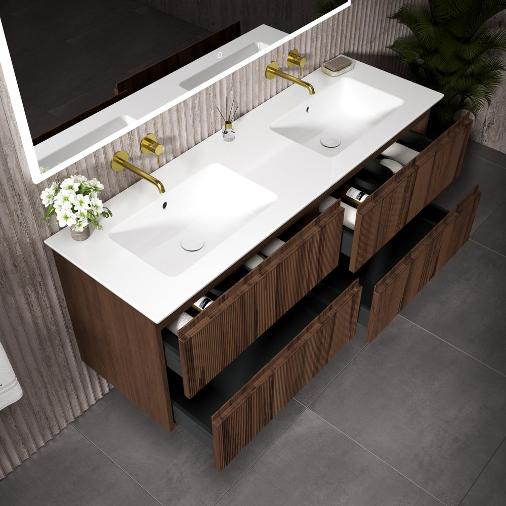 GSI Pura Ribbed Four Drawer Vanity Unit With Ceramic Double Basin - Walnut 1400mm