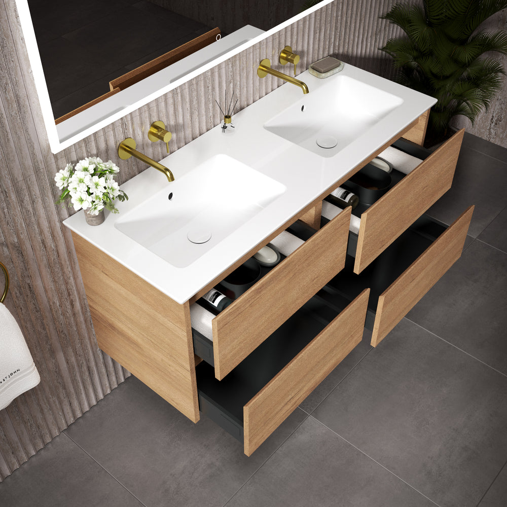 GSI Pura Bevel Four Drawer Vanity Unit With Ceramic Double Basin - Oak (Pacific Walnut) 1200mm