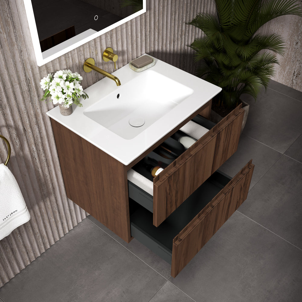 GSI Pura Ribbed Double Drawer Vanity Unit With Ceramic Basin - Walnut 600mm