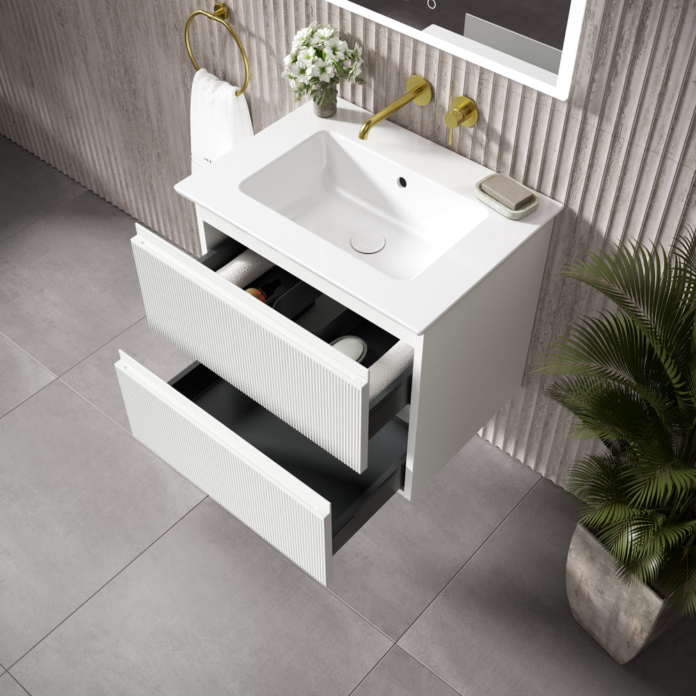 GSI Pura Ribbed Double Drawer Vanity Unit With Ceramic Basin - Matt White 600mm