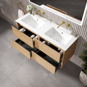 GSI Pura Bevel Four Drawer Vanity Unit With Ceramic Double Basin - Oak 1200mm