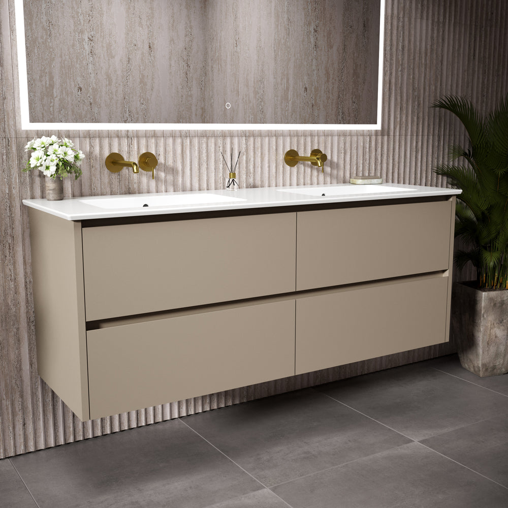 GSI Pura Bevel Four Drawer Vanity Unit With Ceramic Double Basin - Matt Pebble 1400mm