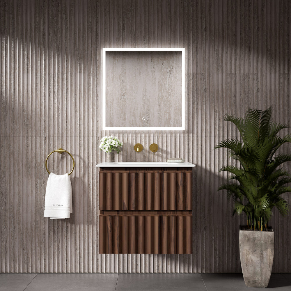 GSI Pura Ribbed Double Drawer Vanity Unit With Ceramic Basin - Walnut 600mm