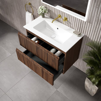 GSI Pura Ribbed Double Drawer Vanity Unit With Ceramic Basin - Walnut 800mm