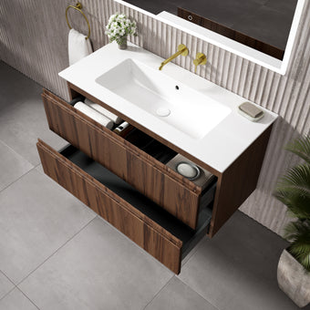 GSI Pura Ribbed Double Drawer Vanity Unit With Ceramic Basin - Walnut 1000mm