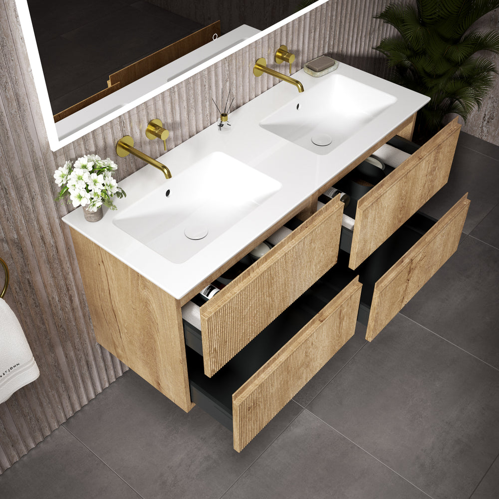 GSI Pura Ribbed Four Drawer Vanity Unit With Ceramic Double Basin - Oak 1200mm
