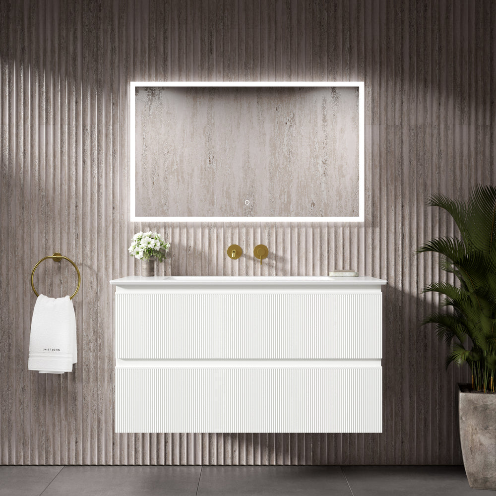 GSI Pura Ribbed Double Drawer Vanity Unit With Ceramic Basin - Matt White 1000mm