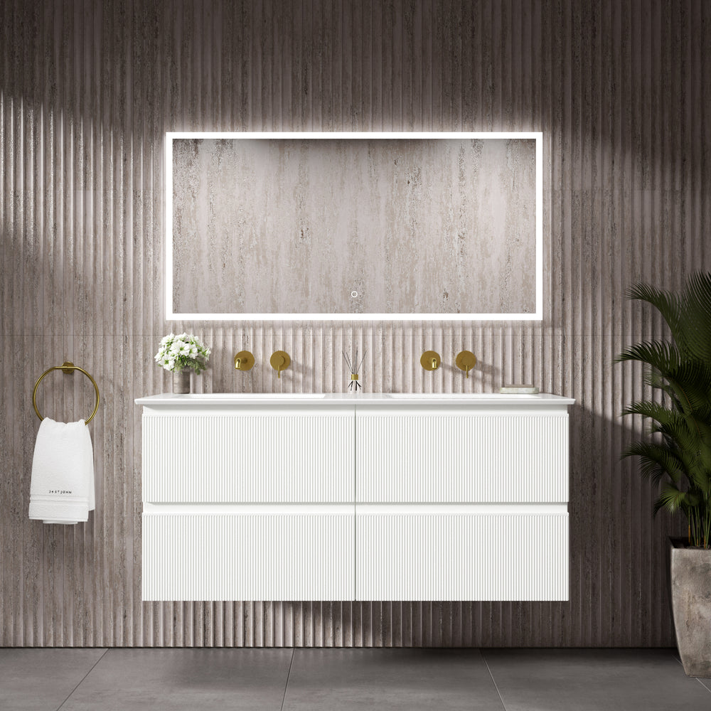 GSI Pura Ribbed Four Drawer Vanity Unit With Ceramic Double Basin - Matt White 1200mm