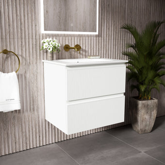 GSI Pura Ribbed Double Drawer Vanity Unit With Ceramic Basin - Matt White 600mm