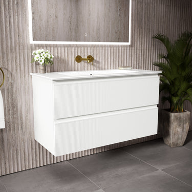 GSI Pura Ribbed Double Drawer Vanity Unit With Ceramic Basin - Matt White 1000mm