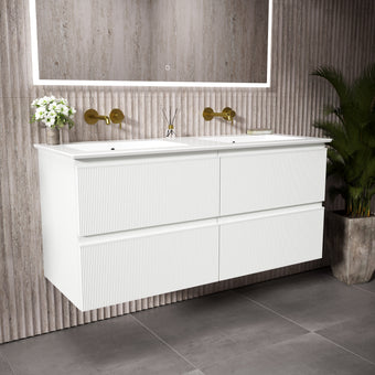GSI Pura Ribbed Four Drawer Vanity Unit With Ceramic Double Basin - Matt White 1200mm