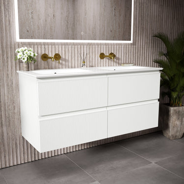GSI Pura Ribbed Four Drawer Vanity Unit With Ceramic Double Basin - Matt White 1200mm