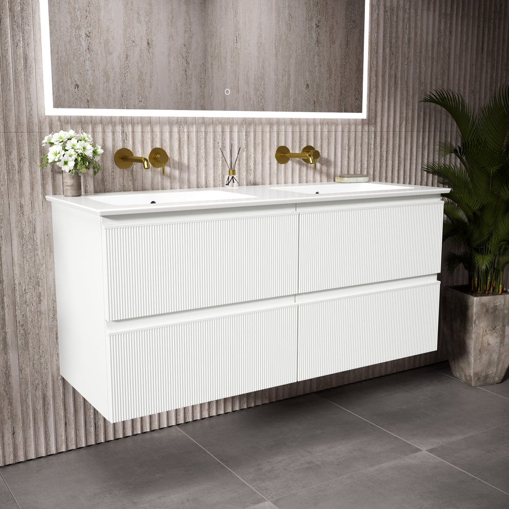 GSI Pura Ribbed Four Drawer Vanity Unit With Ceramic Double Basin - Matt White 1200mm