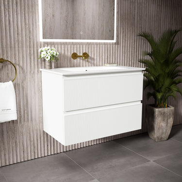 GSI Pura Ribbed Double Drawer Vanity Unit With Ceramic Basin - Matt White 800mm