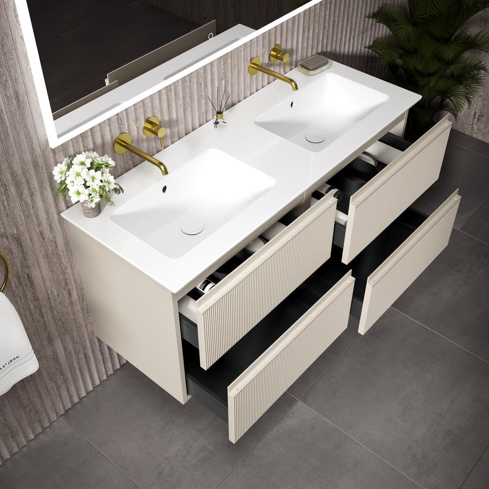 GSI Pura Ribbed Four Drawer Vanity Unit With Ceramic Double Basin - Cashmere 1200mm