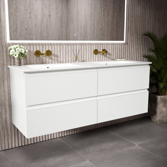 GSI Pura Ribbed Four Drawer Vanity Unit With Ceramic Double Basin - Matt White 1400mm