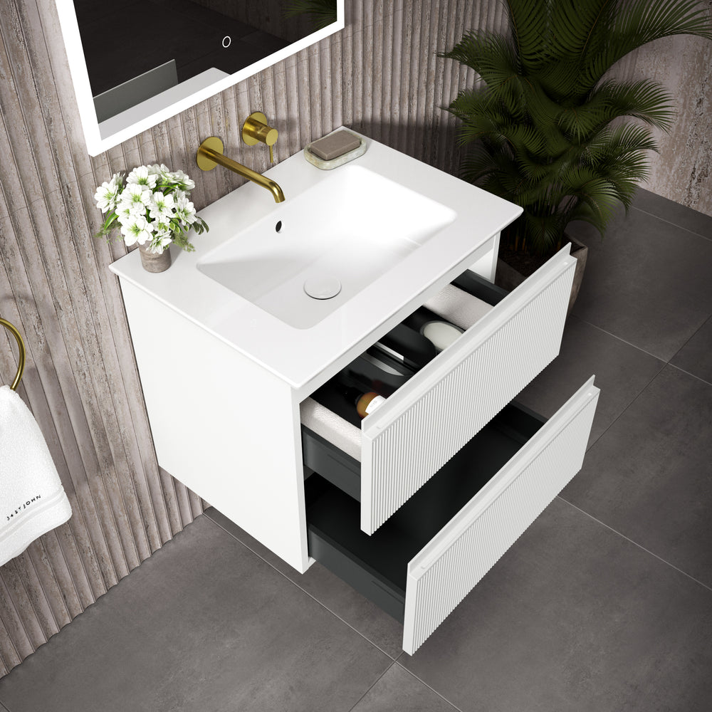 GSI Pura Ribbed Double Drawer Vanity Unit With Ceramic Basin - Matt White 600mm