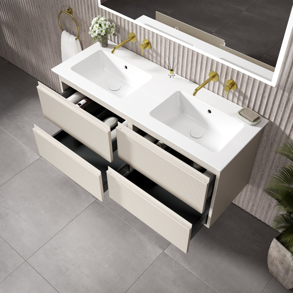 GSI Pura Ribbed Four Drawer Vanity Unit With Ceramic Double Basin - Cashmere 1200mm