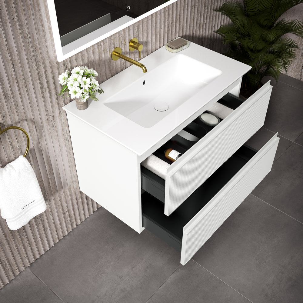 GSI Pura Ribbed Double Drawer Vanity Unit With Ceramic Basin - Matt White 800mm