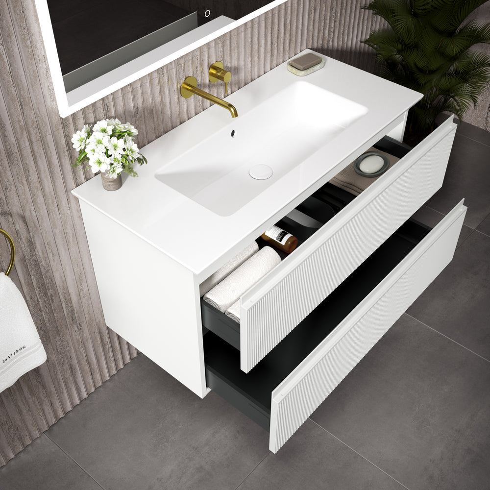 GSI Pura Ribbed Double Drawer Vanity Unit With Ceramic Basin - Matt White 1000mm