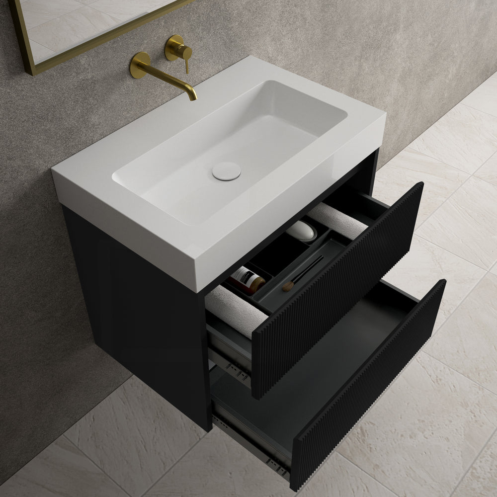 Scanalato Double Drawer Vanity Unit  With Beyondstone BLOC Basin - Pure Black 700mm