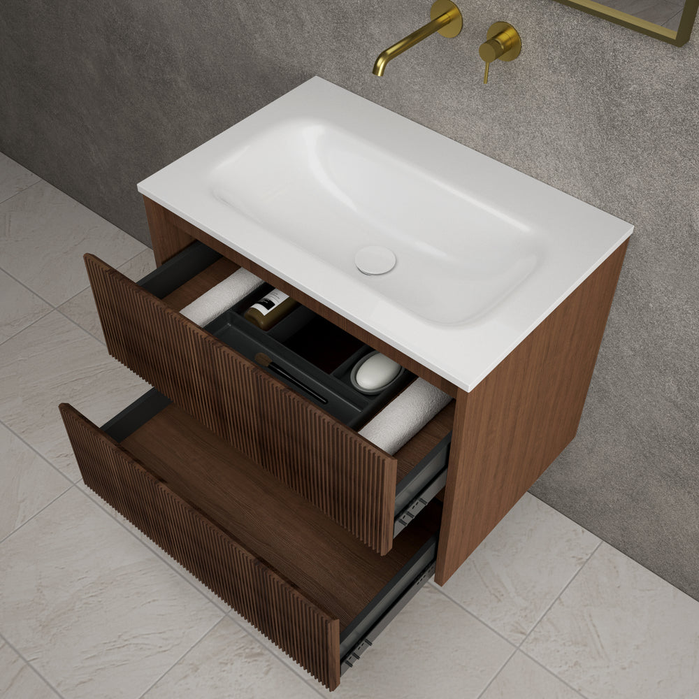 Scanalato Double Drawer Vanity Unit  With Beyondstone Basin - Walnut 700mm