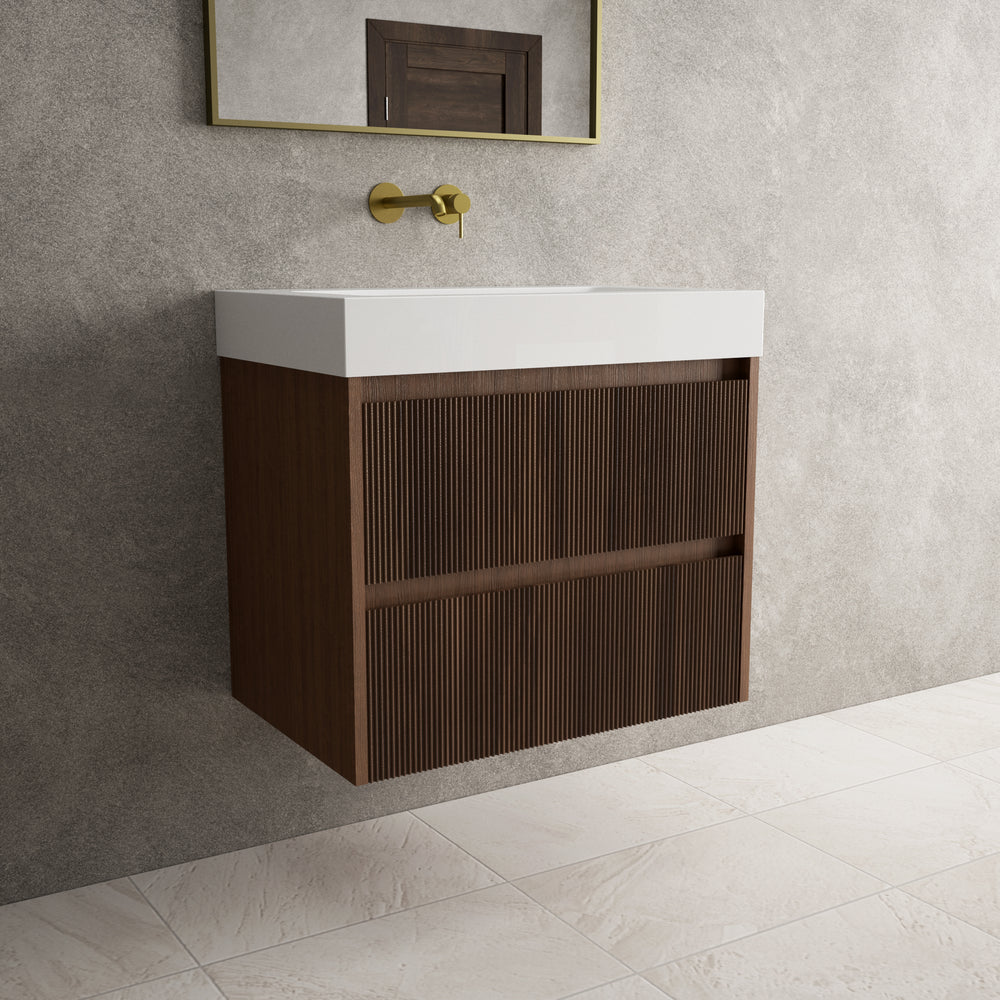 Scanalato Double Drawer Vanity Unit  With Beyondstone BLOC Basin - Walnut 700mm