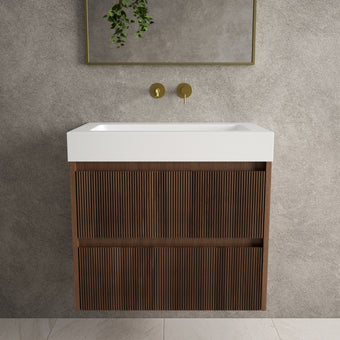 Scanalato Double Drawer Vanity Unit  With Beyondstone BLOC Basin - Walnut 700mm
