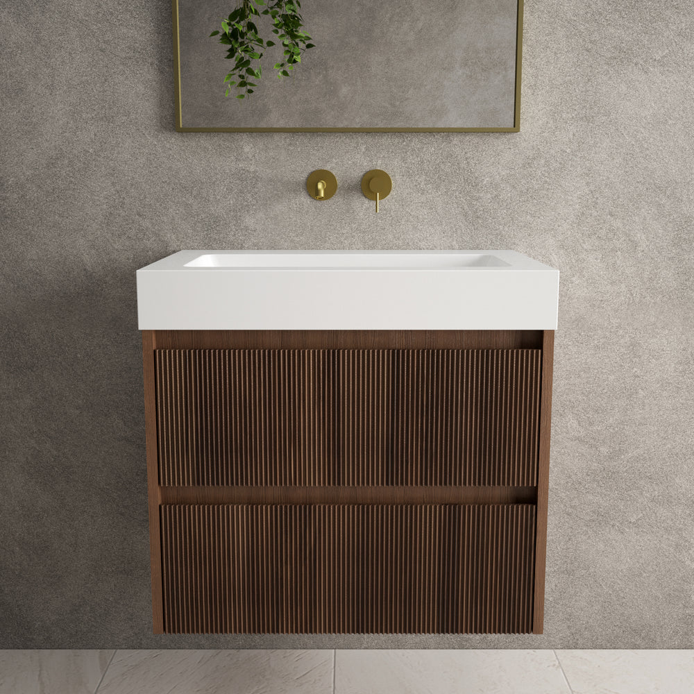 Scanalato Double Drawer Vanity Unit  With Beyondstone BLOC Basin - Walnut 700mm