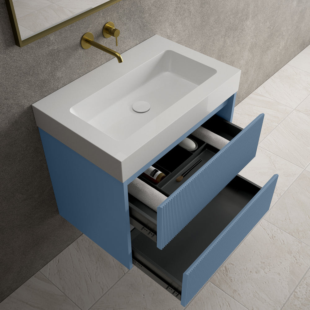 Scanalato Double Drawer Vanity Unit  With Beyondstone BLOC Basin - Soft Blue 700mm