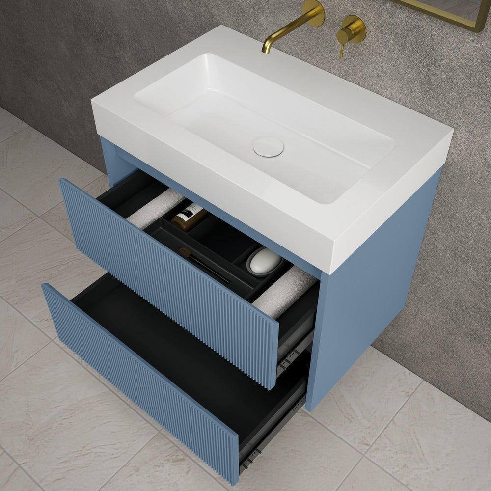 Scanalato Double Drawer Vanity Unit  With Beyondstone BLOC Basin - Soft Blue 700mm