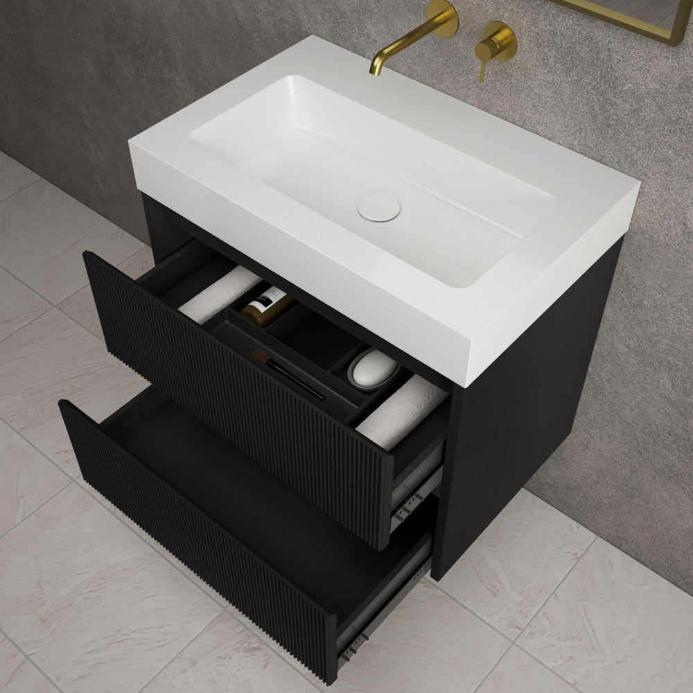 Scanalato Double Drawer Vanity Unit  With Beyondstone BLOC Basin - Pure Black 700mm
