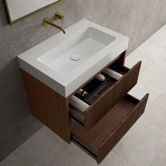 Scanalato Double Drawer Vanity Unit  With Beyondstone BLOC Basin - Walnut 700mm
