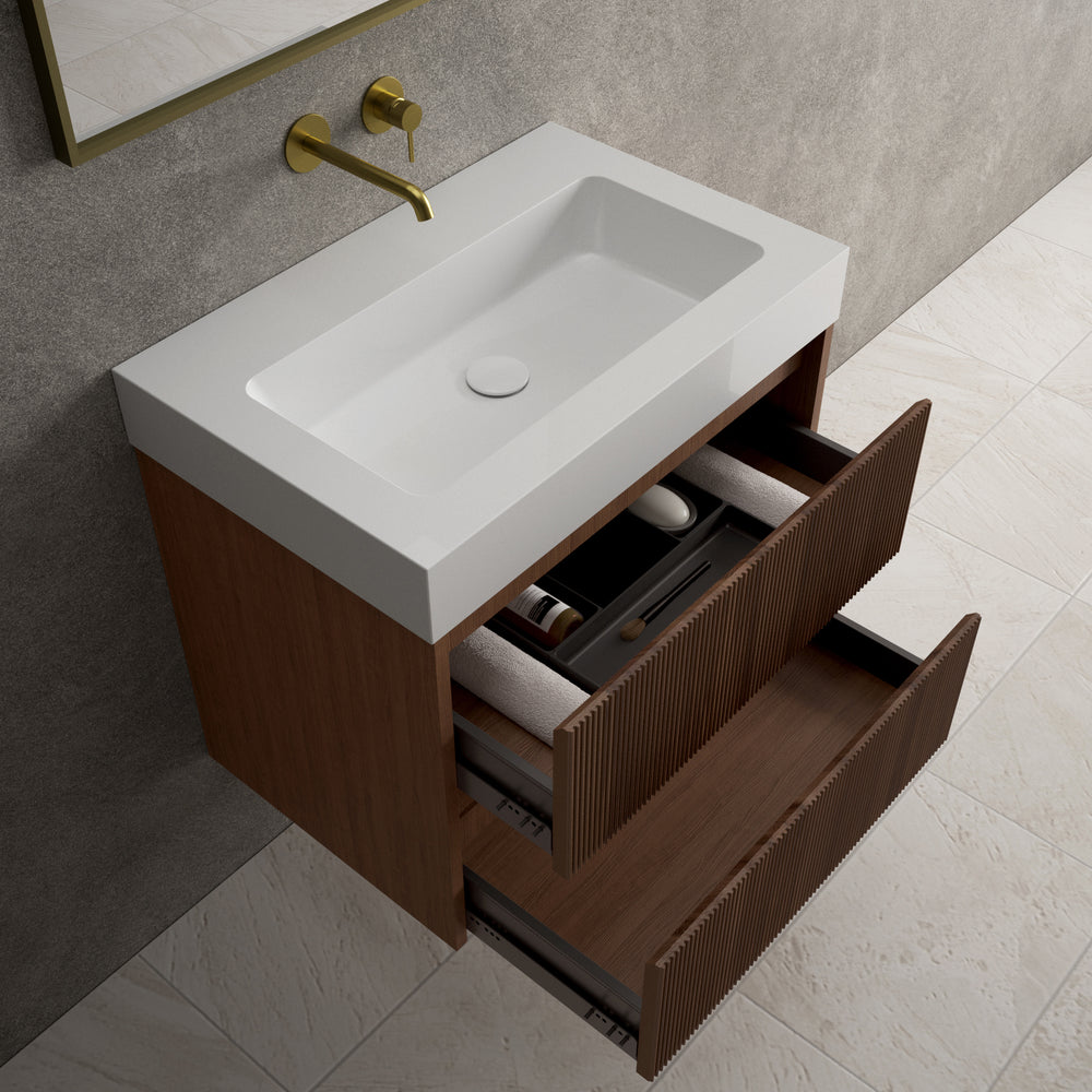 Scanalato Double Drawer Vanity Unit  With Beyondstone BLOC Basin - Walnut 700mm